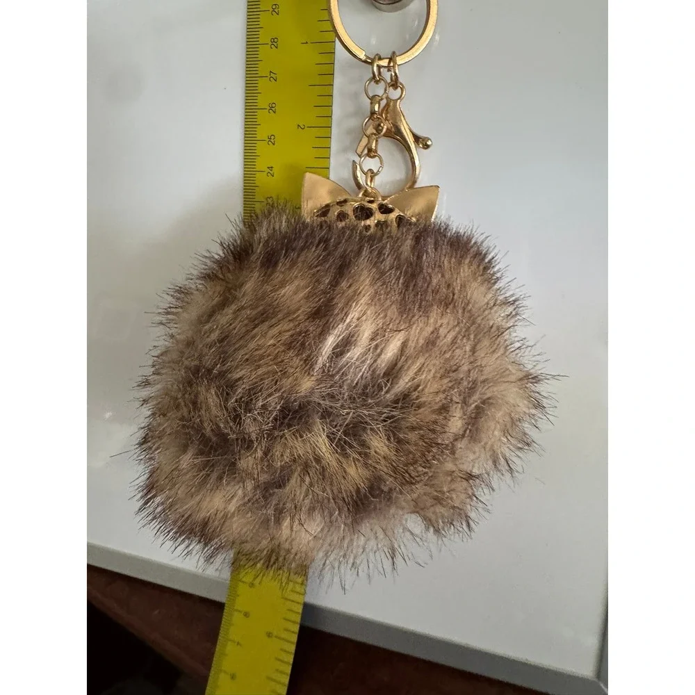 Gold Tone Fox Faux Fur Pom Pom Bag Charm Keychain Rhinestone Pearl Brown Tan